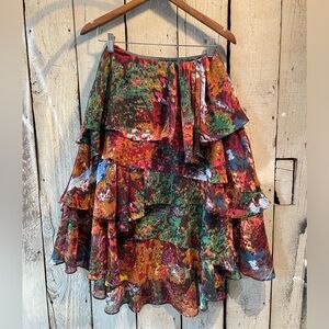 H&M Asymmetrical tiered chiffon Skirt with  Multicolor watercolor Print size 4